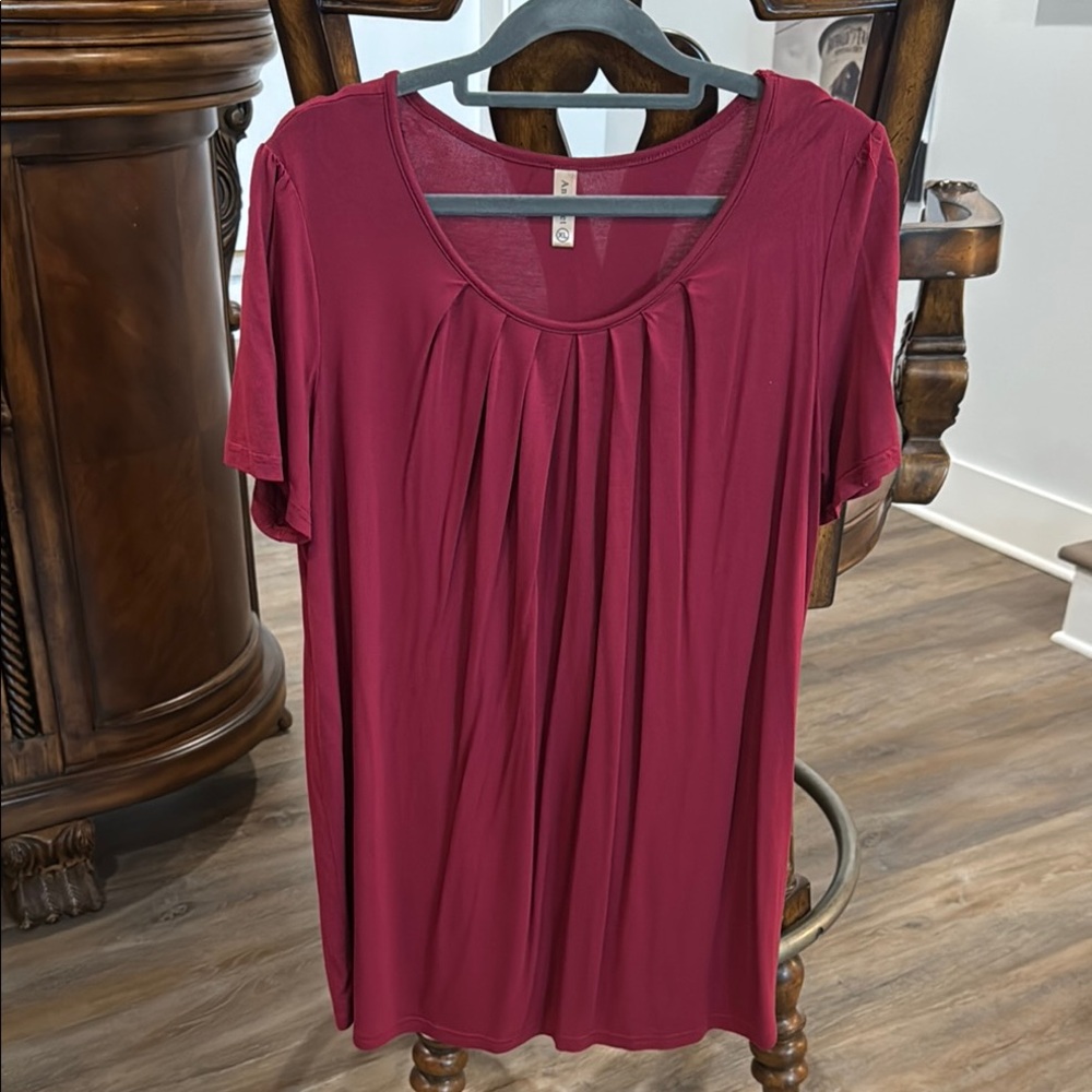 Dark Red Pleated Short Sleeve Blouse